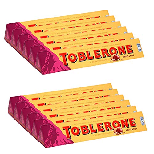 Toblerone of Switzerland Fruit & Nut with Raisins, Honey and Almond Chocolate Bar, 12 Pack Pouch, 12 x 100 g