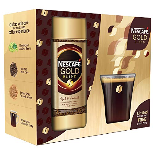 Nescafe Gold Blend Instant Coffee Powder - Glass Jar (Limited Edition Pack,Arabica and Robusta beans) Jar, 100gram With Free Glass Mug