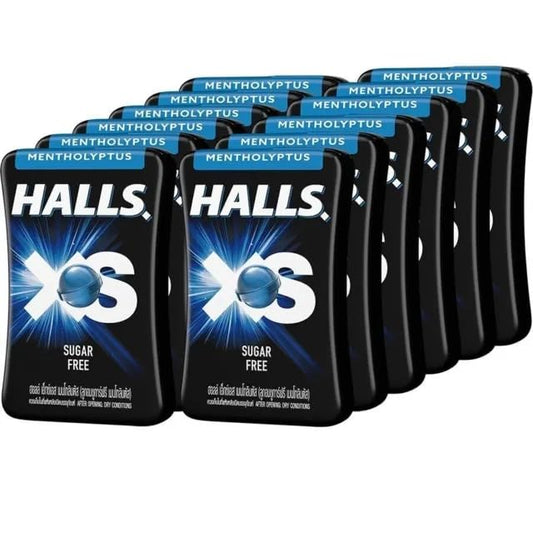 Halls XS Flavored Sugar Free Candy 13.8g Each - Pack of 12 (Mentho Lyptus) - Menthol and eucalyptus in a sugar-free formula.