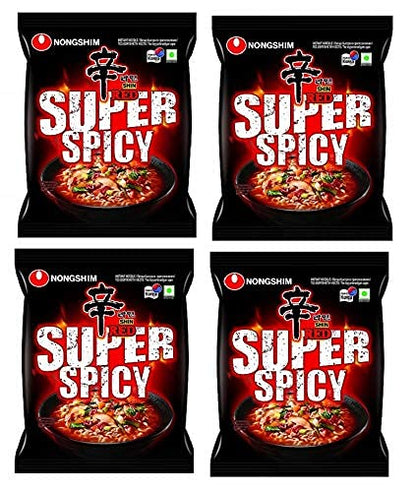 Nongshim Red Super Spicy Noodles, 120g (Pack of 4) - "Nongshim Red Super Spicy - 4 Pack, 120g Each of Fiery Noodle Fun!"