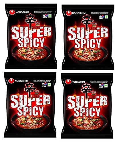 Nongshim Red Super Spicy Noodles, 120g (Pack of 4) - "Nongshim Red Super Spicy - 4 Pack, 120g Each of Fiery Noodle Fun!"