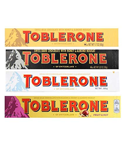 Toblerone of Switzerland Combo Pack Chocolate Bars (Swiss Milk, Swiss Dark, Swiss White, Swiss Milk Fruit & Nut),Pack of 4 (100gram Each)