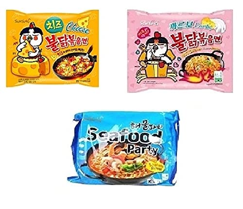 Samyang Korean Buldak Cheese Noodles PK1 & Buldak Carbo Noddles PK1 & Buldak Seafood Pk1(420Gm)(Imported) Pack of 3 (Non - Vegetrian)