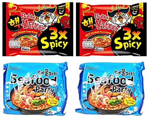 Samyang 3X Spicy Noodles -2X140gm & Buldak Seafood Noodles -2X140gm (Pack of 4) (Imported) ( Combo Pack) Instant Noodles Non-vegetarian