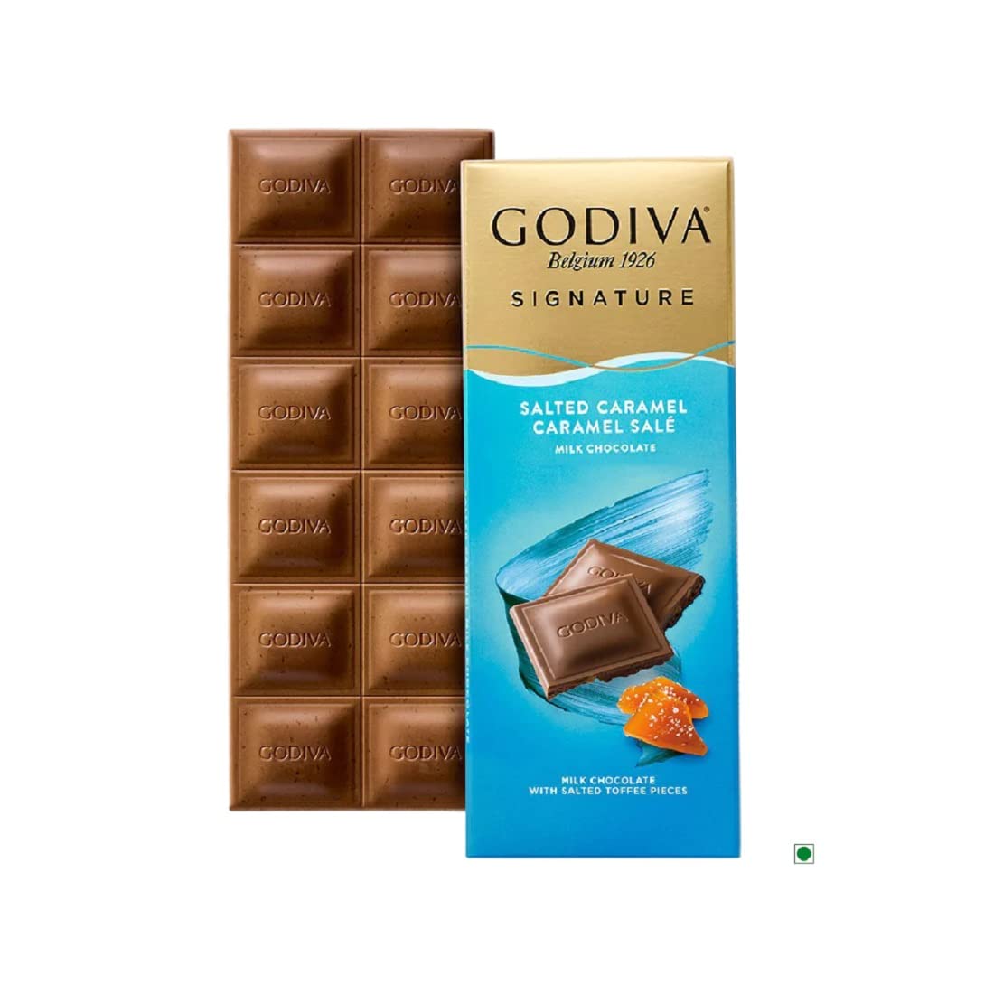 Godiva Signature Salted Caramel Milk Chocolate 90g - Savor the deliciously smooth and creamy milk chocolate with a touch of salted caramel in Godiva's Signature bar