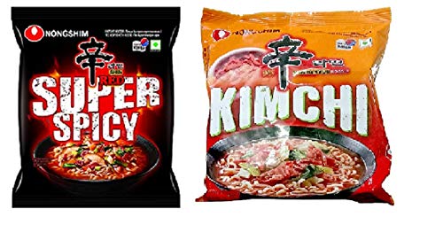 Nongshim Red Super Spicy & Kimchi Instant Noodles 120 grams*2Pack (Pack of 2) (Imported) - "Nongshim Red Super Spicy & Kimchi - 2 Pack, 120g Each of Fiery Kimchi Fun!"