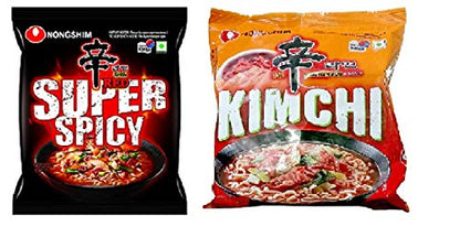 Nongshim Red Super Spicy & Kimchi Instant Noodles 120 grams*2Pack (Pack of 2) (Imported) - "Nongshim Red Super Spicy & Kimchi - 2 Pack, 120g Each of Fiery Kimchi Fun!"