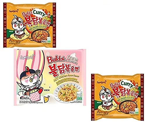 Samyang Buldak Curry Noodles PK2 & Buldak Cream Carbonara Noodles PK1(Pack of 3) (420gm) (Imported) Instant Noodles Non-vegetarian (3x140 g)(Combo Pack)