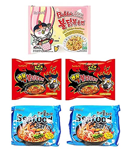 Samyang Buldak 2X Spicy Noodles 2 & Buldak Seafood Spicy Noodles 2 &Cream Carbonora 1 Noodles (Pack of 5) (700gm) (Imported) Instant Noodles Non-vegetarian (5x140 g)(Combo Pack)