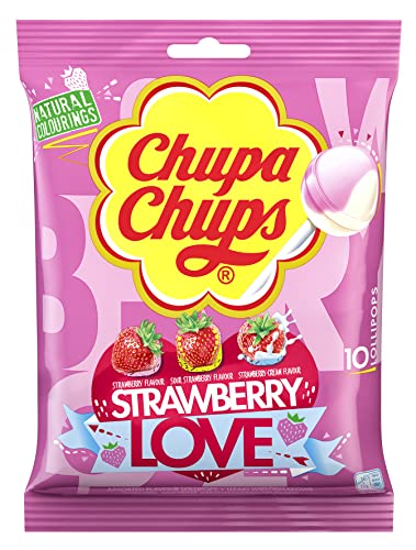 Chupa Chups Strawberry Love Flavor 10 Lollipops (Strawberry, Sour Strawberry & Strawberry Cream)Imported, 120g - Strawberry flavor trio