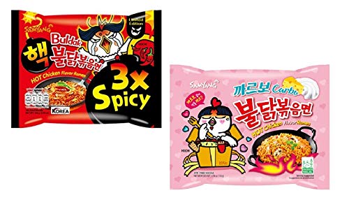 Sam Yang 3X Spicy & Carbo Stir Fried Noodles -140 g & 3X Spicy Noodles - 140 g - Imported (Pack of 2)