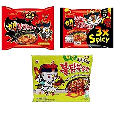 Samyang Korean Buldak 2XSpicy Noodles PK1 & Buldak 3XSpicy Noddles PK1 & Buldak Jijang Pk1(420Gm)(Imported) Pack of 3 (Non - Vegetrian)