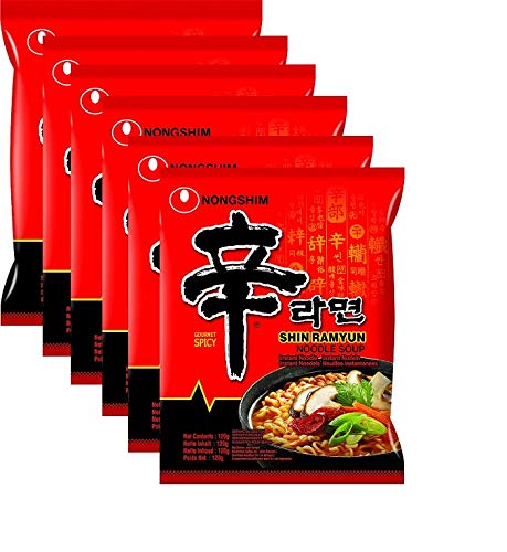 Nongshim Shin Ramyun Instant Korean Style Noodles- (Pack Of 6) (Imported), 120 grams - "Nongshim Shin Ramyun - 6 Pack, 120g Each of Spicy Korean Style Noodles!"