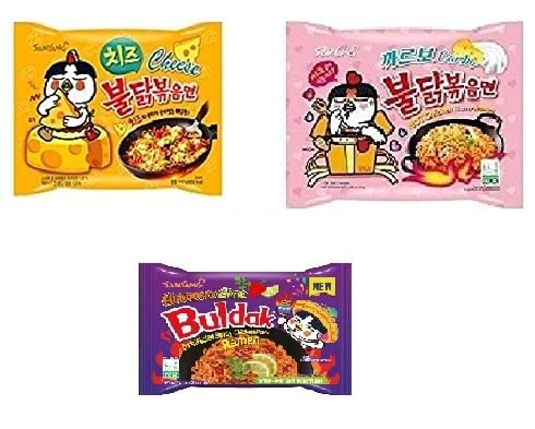 Sam Yang Korean Buldak Cheese Noodles Pk1 & Buldak Carbo Noddles Pk1 & Buldak Hot Pepper Jjamppong Pk1(420Gm)(Imported) Pack Of 3 (Non - Vegetrian)