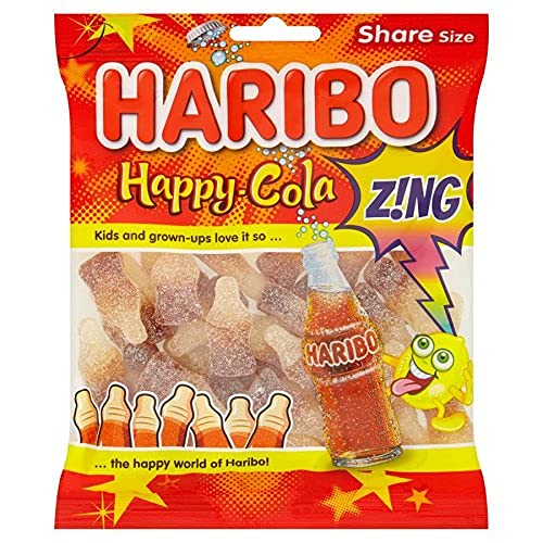 Haribo Happy Cola Zing Share Size Bag Pouch, 140 g - Zingy cola flavored gummies in a share size pouch.