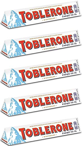 Toblerone Swiss White Chocolate with Honey and Almond Nougat, 100g (Pack of 5)