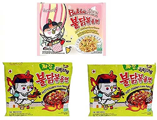 Samyang Buldak Jijang Noodles 2 & Buldak Cream Carbonara 1 (Pack of 3) (420gm) (Imported) Instant Noodles Non-vegetarian (3x140 g)(Combo Pack)