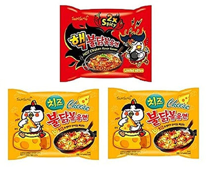 Samyang Cheese Noodles PK2 & Buldak 2X Spicy Noodles PK1(Pack of 3) (420gm) (Imported) Instant Noodles Non-vegetarian (3x140 g)(Combo Pack)