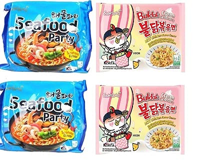 Sam Yang Samyang Buldak SeaFood Noodles & Buldak Cream Carbonora Instant Noodles (Pack of 4) (560gm) (Imported) Instant Noodles Non-vegetarian (4x140 g)(Combo Pack)