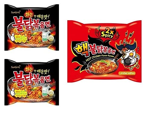 Samyang Korean Stir Fried Noodles PK2 & Buldak 2XSpicy Flavour Spicy Noodles PK1 (420g) (Imported) Pack of 3 (Non-Vegetarian) - Double the Spice, Triple the Fun