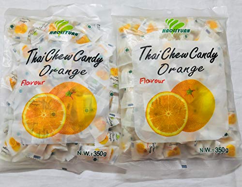 HAOLIYUAN Thai CHEW Candy Orange 350g (Pack of 2) - Two packs of citrusy orange flavored chew candy.