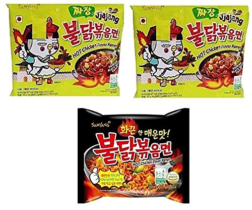 Samyang Korean Ramen Buldak Jijang Flavour Spicy Noodles PacK2 & Buldak Hot Chicken StireFried Noodles PacK1(Pack of 3) (420gm) (Imported) Instant Noodles Non-vegetarian (3x140 g)(Combo Pack)