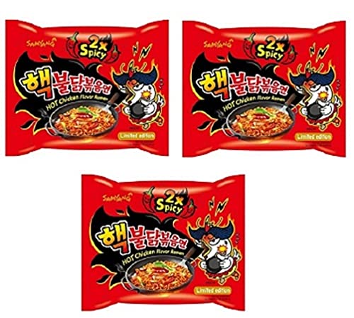 Samyang Buldak 2XSpicy Noodles (Pack of 3) (420gm) (Imported) Instant Noodles Non-vegetarian (3x140 g)(Combo Pack)