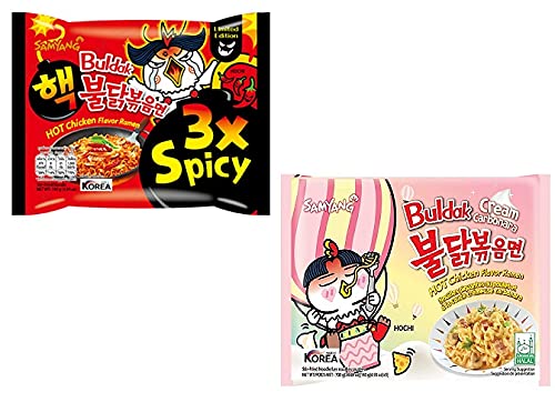 Sam Yang 3X Spicy Noodles & Buldak Cream Carbo Instant Noodles (Pack of 2) (280gm) (Imported) Instant Noodles Non-vegetarian (2 x 140 g)(Combo Pack)