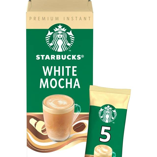 Starbuck's White Mocha Premium Instant Coffee Drink White Chocolate Flavoured a Mixture Of Instant Coffee Finely Ground Roasted Coffee Beans Skimmed Milk Powder & Sugar 5 × 24g (UK)