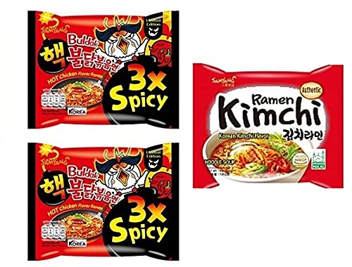 Samyang Buldak 3X Spicy Noodles 2 & Buldak Ramen kimchi 1 (Pack of 3) (420gm) (Imported) Instant Noodles Non-vegetarian (3x140 g)(Combo Pack)