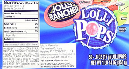 Jolly Rancher Lollipops Flavors 50 Count Box 1 Pound 14 Ounce - Assorted flavors of Jolly Rancher Lollipops, 50 count box, 1 lb 14 oz.