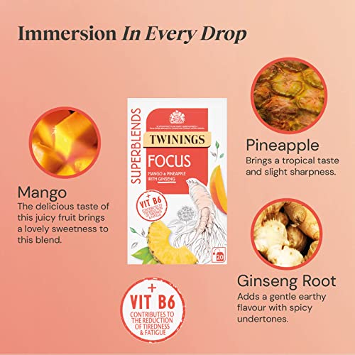 Twinings Superblends Focus Mango & Pineapple with Ginseng Tea 20 Tea Bag, 30g