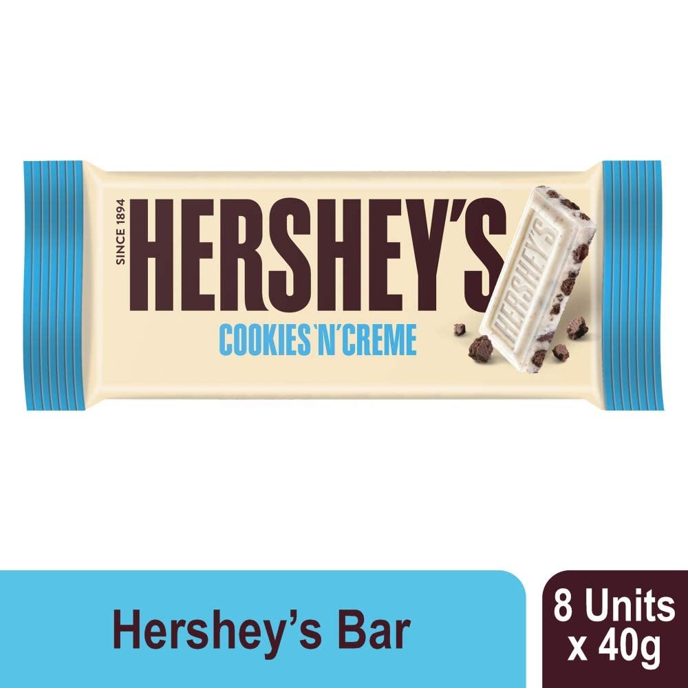 HERSHEY'S Cookies 'N' Creme Bar Chocolate | Delicious Crunchy Delights 40 grams - Pack Of 8 - Pack of 8 Cookies 'N' Creme bars, 40g each.