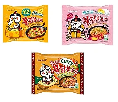 Samyang Korean Buldak Cheese Noodles PK1 & Buldak Carbo Noddles PK1 & Buldak Curry Pk1(420Gm)(Imported) Pack of 3 (Non - Vegetrian)