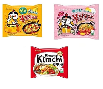 Samyang Korean Buldak Cheese Noodles PK1 & Buldak Carbo Noddles PK1 & Buldak Ramen Kimchi Pk1(420Gm)(Imported) Pack of 3 (Non - Vegetrian)