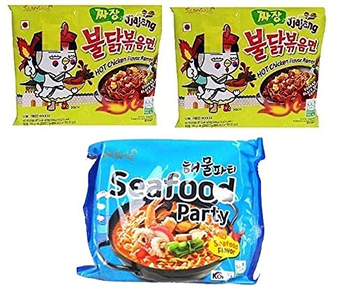 Samyang Korean Ramen Buldak Jijang Flavour Spicy Noodles PacK2 & Buldak Hot Chicken Seafood Noodles PacK1(Pack of 3) (420gm) (Imported) Instant Noodles Non-vegetarian (3x140 g)(Combo Pack)