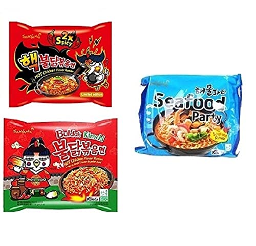 Samyang Korean Buldak 2XSpicy Noodles PK1 & Buldak 3XKimchi Noddles PK1 & Seafood Pk1(420Gm)(Imported) Pack of 3 (Non - Vegetrian)