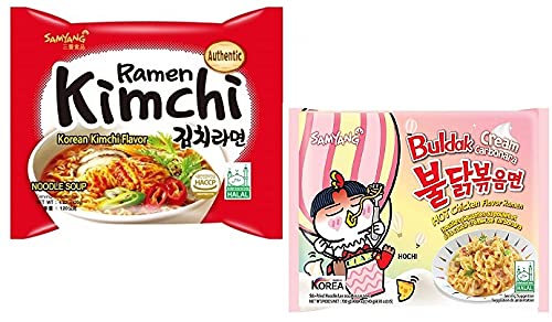 Sam Yang Samyang Buldak Ramen Kimchi Noodles & Buldak Cream Carbonora Instant Noodles (Pack of 2) (280gm) (Imported) Instant Noodles Non-vegetarian (2 x 140 g)(Combo Pack)