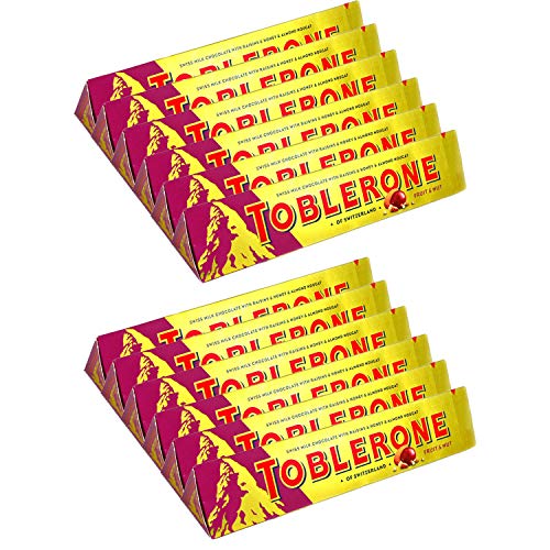 Toblerone Fruit & Nut with Raisins, Honey and Almond Chocolate Bar Pack of 12, x 100 g