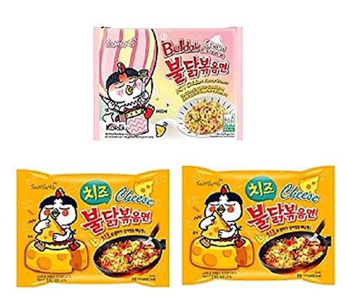 Samyang Buldak Cheese Noodles 2 & Buldak Cream Carbonara 1 (Pack of 3) (420gm) (Imported) Instant Noodles Non-vegetarian (3x140 g)(Combo Pack)