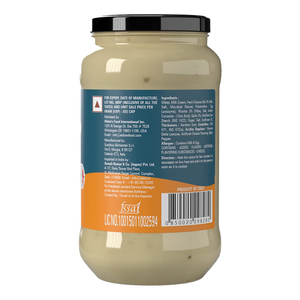 Abbie's Roasted Garlic Cheesy White Pasta Sauce, 400g - Traditional Italian Sauce, For Pasta And Pizza, Made With Real Cheese, Imported Pasta Sauce - Garlic Lovers’ Dream!