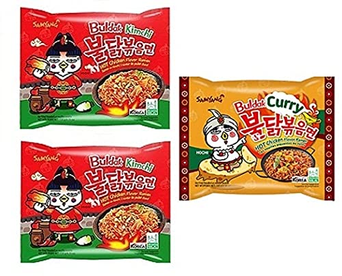 Samyang Buldak kimchi Noodles 2 & Buldak Curry Noodles1 (Pack of 3) (420gm) (Imported) Instant Noodles Non-vegetarian (3x140 g)(Combo Pack)