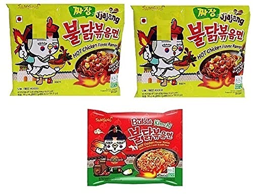 Samyang Korean Ramen Buldak Jijang Flavour Spicy Noodles PacK2 & Buldak Kimchi Flavour Noodles PacK1(Pack of 3) (420gm) (Imported) Instant Noodles Non-vegetarian (3x140 g)(Combo Pack)