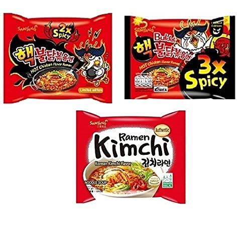 Samyang Korean Buldak 3XSpicy Noodles PK1 & Buldak 2X Spicy Noddles PK1 & Buldak Ramen Kimchi Pk1(420Gm)(Imported) Pack of 3 (Non - Vegetrian)