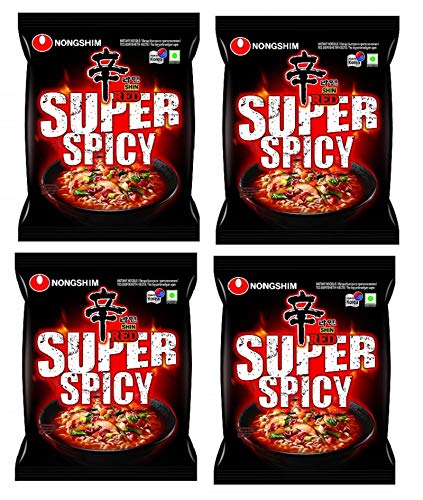 Nongshim Red Super Spicy Noodles 120gm*4Pack (Pack of 4) (Imported) - "Nongshim Red Super Spicy - 4 Pack, 120g Each of Fiery Noodles!"