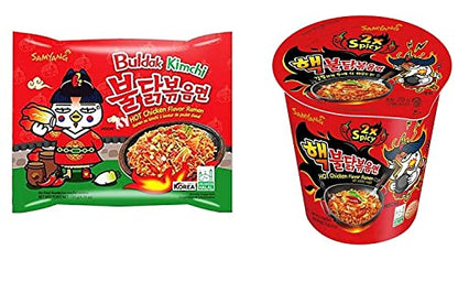 Samyang Buldak Kimchi Noodles 135Gm PK1 & 2XSpicy Cup Noodles 70Gm PK1 (Pack Of 2) 210 Gm ( Combo Pack ) Imported