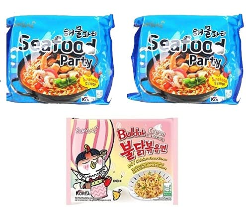 Samyang Buldak Seafood Noodles 2 & Buldak Cream Carbonara 1 (Pack of 3) (420gm) (Imported) Instant Noodles Non-vegetarian (3x140 g)(Combo Pack)