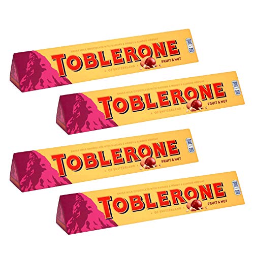 Toblerone Fruit & Nut with Raisins, Honey and Almond Chocolate Bar Pack of 4, x 100 g