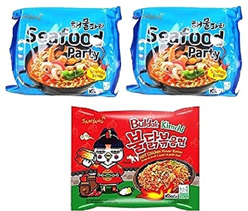 Samyang Korean Buldak Seafood Flavour PK2 & Buldak Kimchi Flavour Spicy Noddles PK1(355Gm)(Imported) Pack of 3 (Non - Vegetrian)