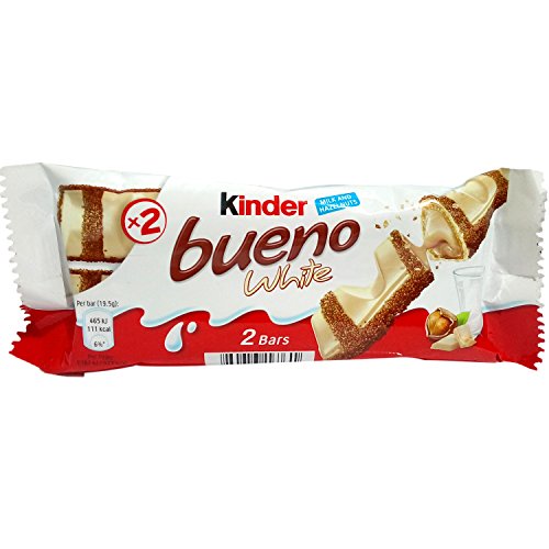 Kinder Bueno White Chocolate Bar - Milk and Hazelnuts, 39G Pack - Indulge in creamy white chocolate and hazelnuts with Kinder Bueno White Chocolate Bar, 39g Pack.